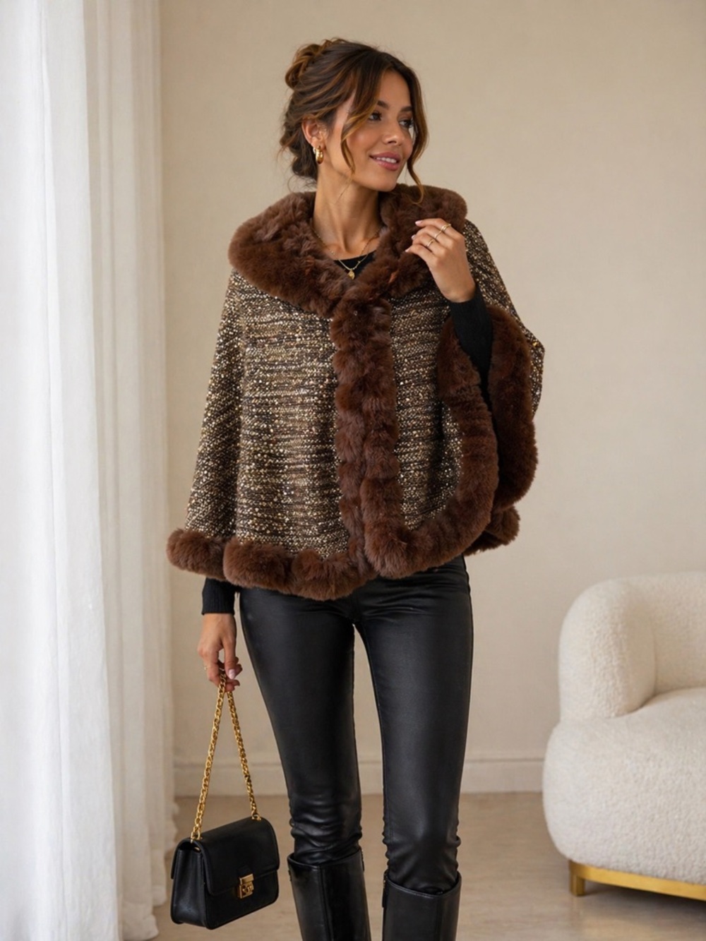 Vince Camuto Brown Tweed Cape with Faux Fur Trim